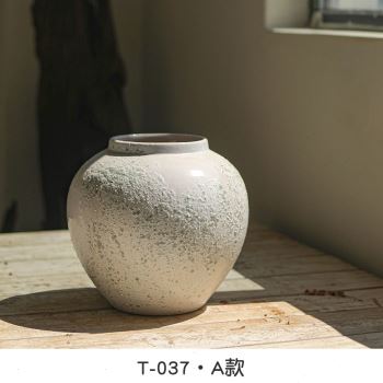 粗陶白色复古花瓶客厅插干燥花瓷C瓶日式侘寂风装饰花器禅意陶瓷