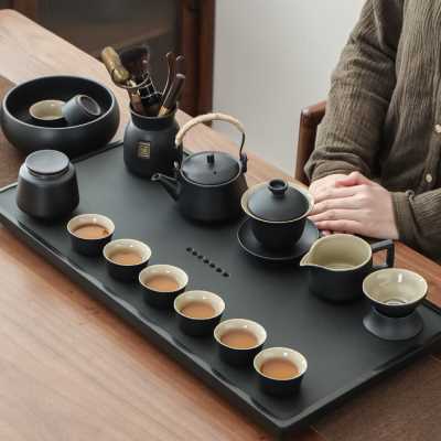 聚晟陶瓷茶具套装家用功夫茶具套装乌金石实木茶盘现代简约办公室