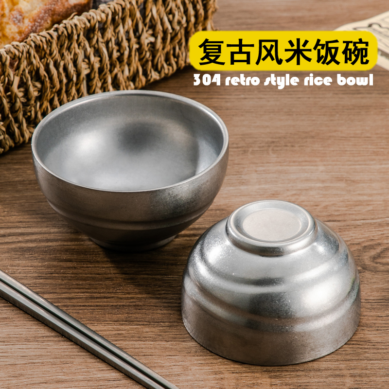 韩式复古304不锈钢米饭碗双层隔热汤碗商用料理小碗户外露营餐具