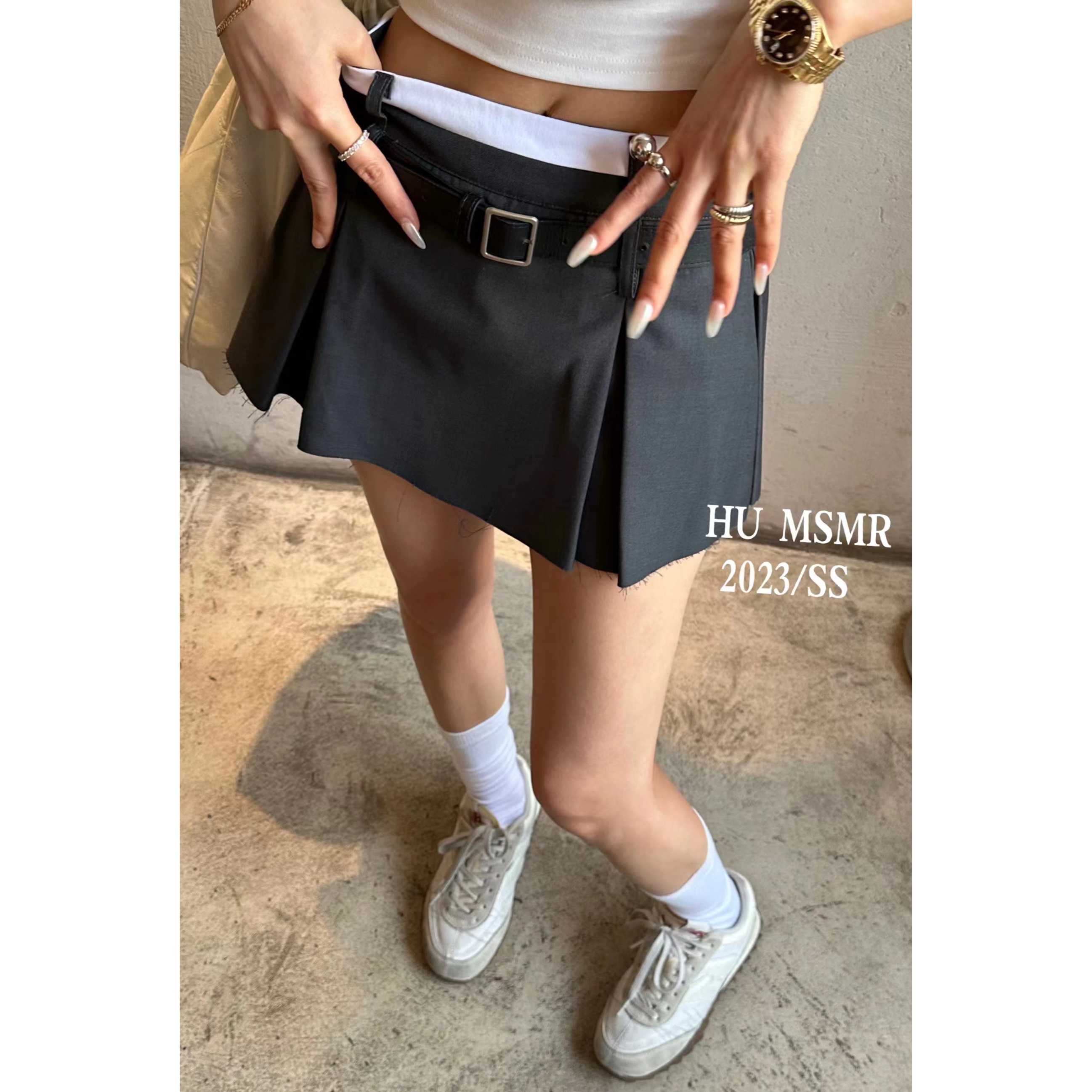 HU MSMR正版 2023夏季新款韩版辣妹设计感拼接高腰学院风百褶裙女
