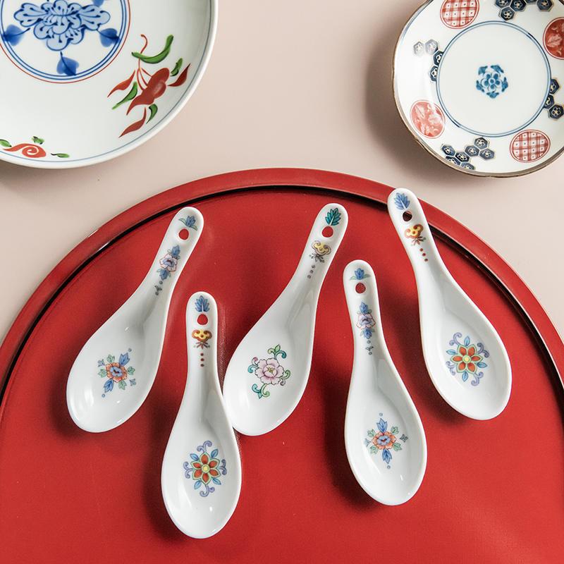 日本进口美浓烧中华汤匙复古传统中国风花卉精致陶瓷汤勺调羹饭勺