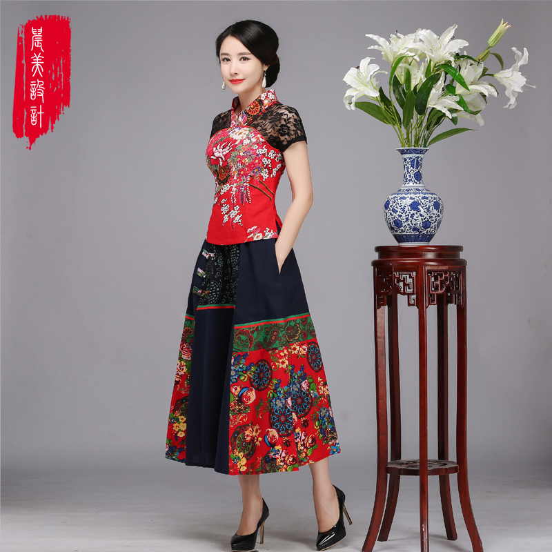 民族风夏装女套装唐装中国风女装改良旗袍夏季两件套妈妈复古大码