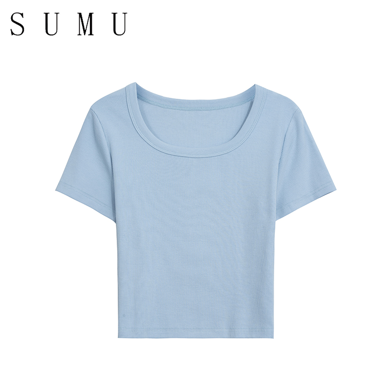 宿慕SUMU小雨女装U型短袖T恤女夏季新款纯色修身显瘦上衣薄19608