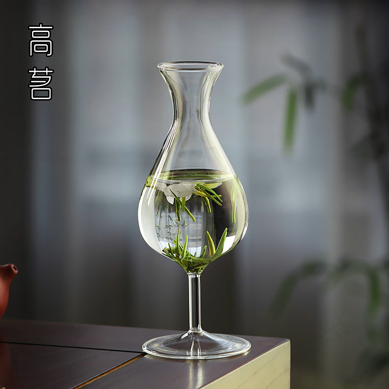 小众高脚玻璃绿茶杯女设计师杯子透明家用高颜值夏季水杯单层酒杯