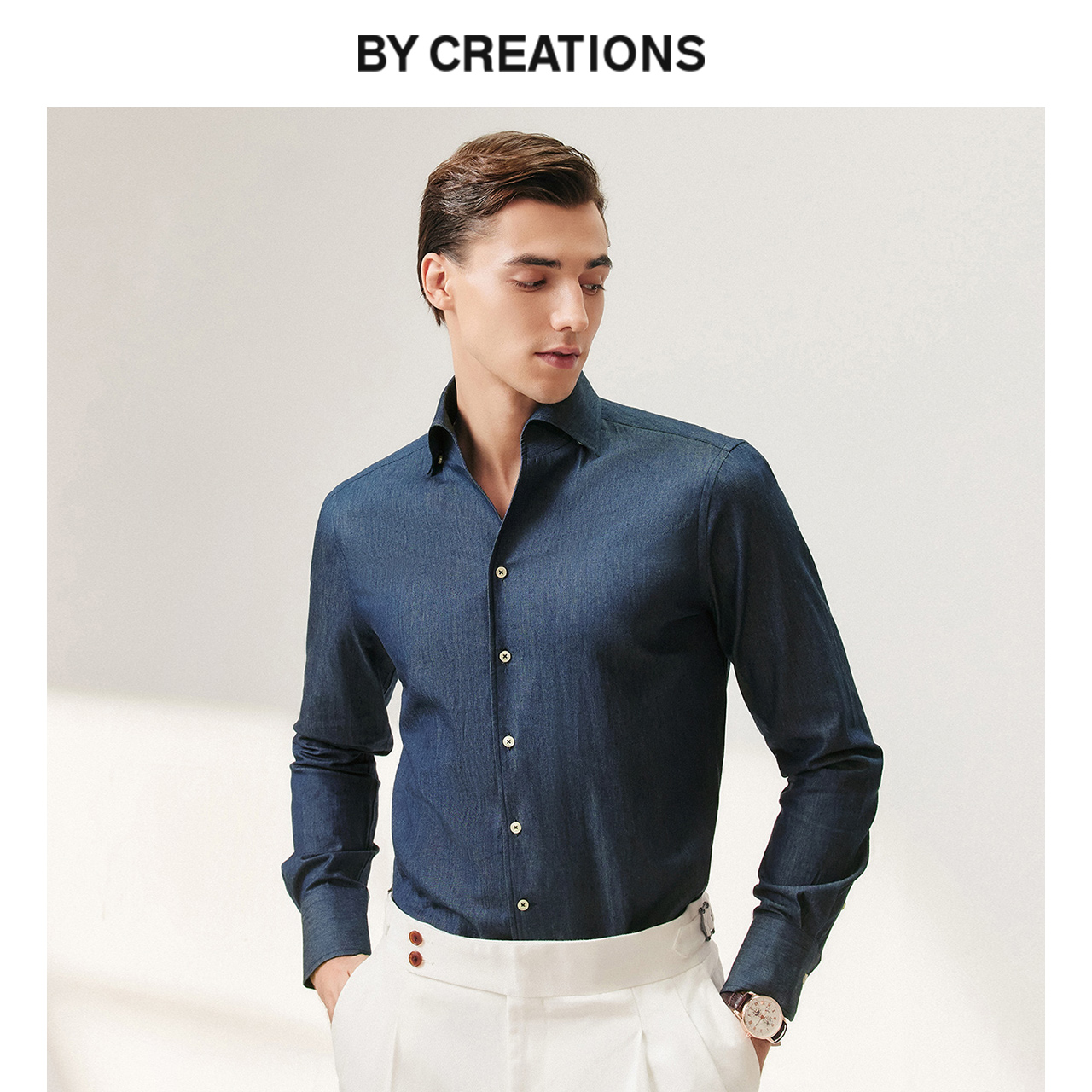 柏品纯棉一片领牛仔蓝衬衫外套男商务休闲上衣高级感长袖衬衣新品