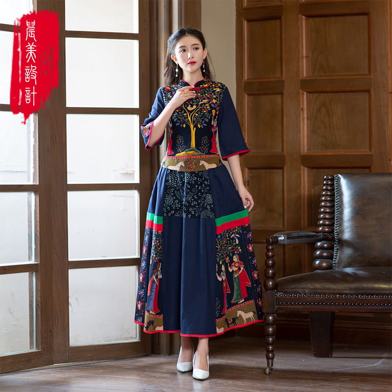 民族风女套装复古夏季唐装中袖两件套中国风女装妈妈改良旗袍大码
