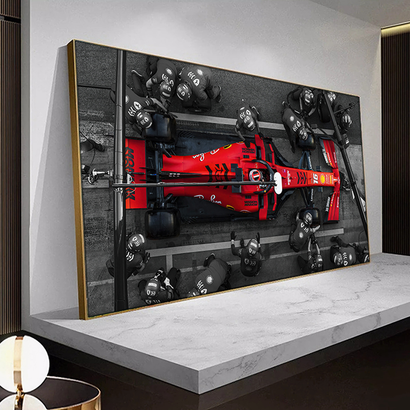 F1赛车黑白工业风挂画法拉利汽车壁画客厅电竞房洗车店房间装饰画