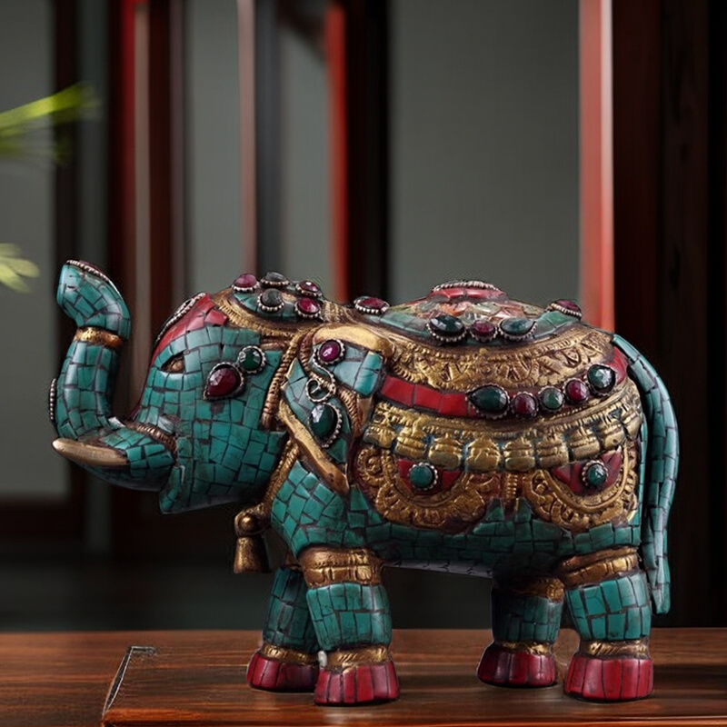 古玩收藏尼泊尔纯铜手工镶嵌宝石太平象大象摆件家居玄关吧台摆件