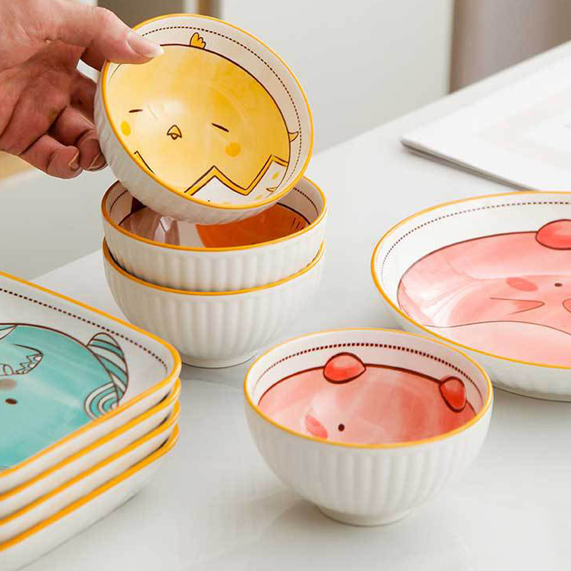 日式卡通碗陶瓷一家庭用亲子四口套装米饭碗区分专人专用2021新款