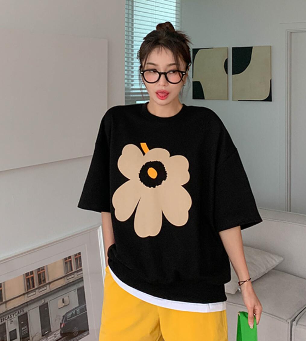 韩国代购特大码女装胖mm春装新品可爱卡通花朵图案圆领短袖T恤411