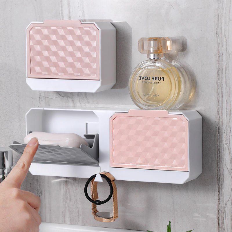 简约家用卫生间一体双格带盖肥皂盒子小皂盒壁挂沥水免打孔香皂架