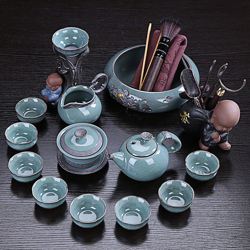 琦轩源哥窑功夫茶具套装家用整套陶瓷开片泡茶盖碗送礼佳品包邮