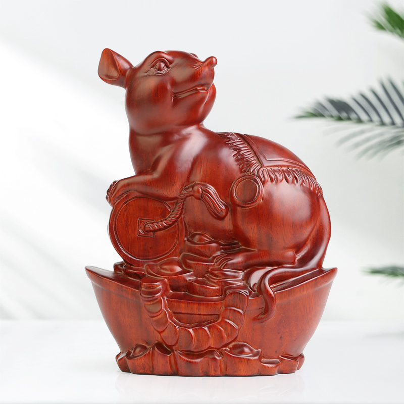 元宝木雕老鼠工艺品 红木质中式客厅摆件 实木制十二生肖鼠铜钱鼠