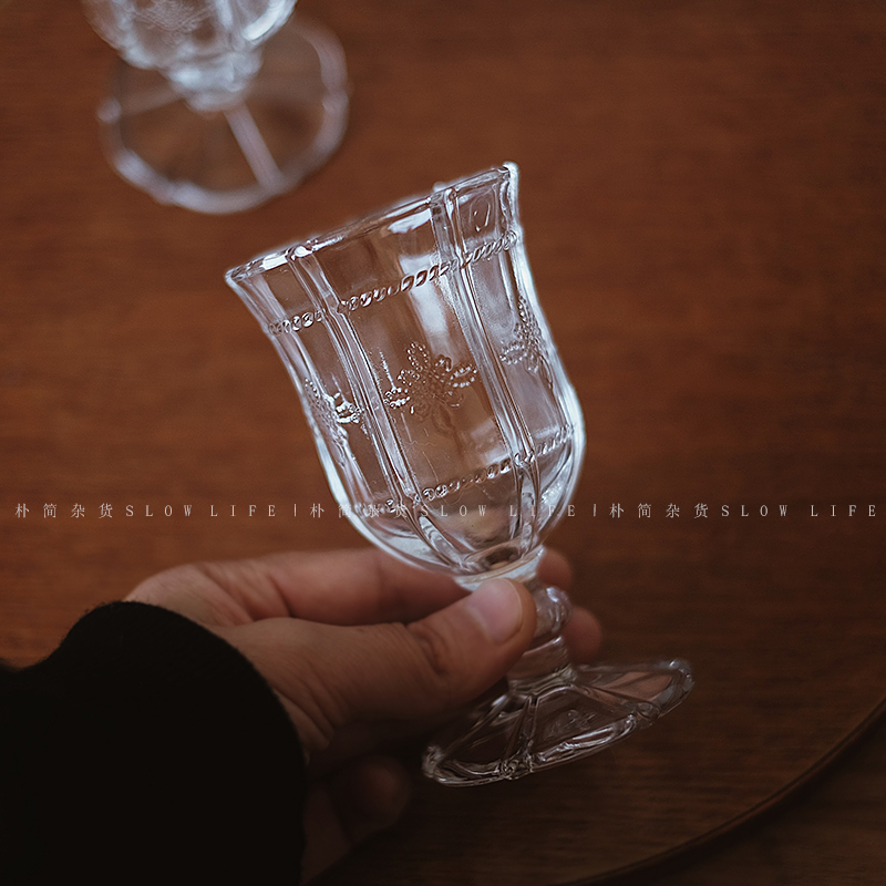 急速发货朴简杂货 复古浮雕玻璃杯 红酒杯冰淇淋杯子白葡萄高脚酒