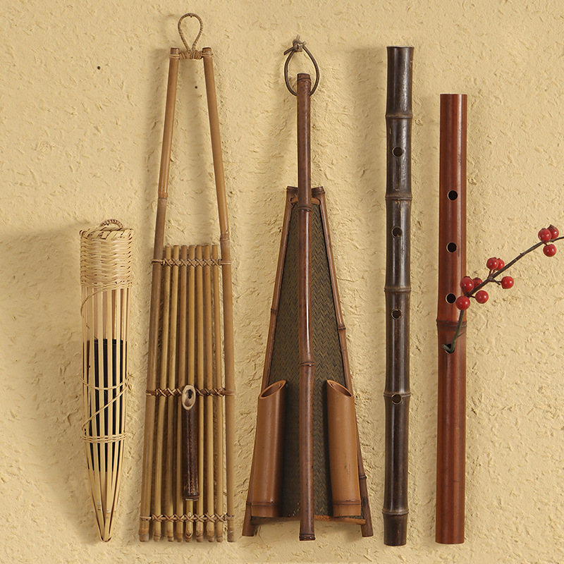 日式竹笛花插 壁挂式仿古中式花器 创意竹筒花入花架家居墙面装饰