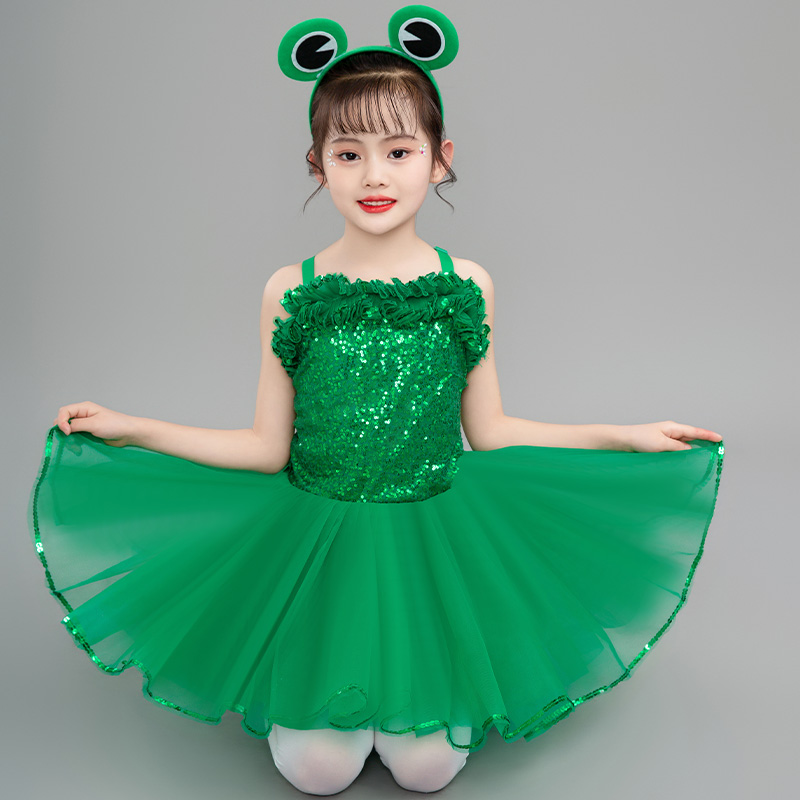 六一儿童表演服小青蛙舞蹈服亮片蓬蓬纱裙绿演出公主裙绿色荷叶