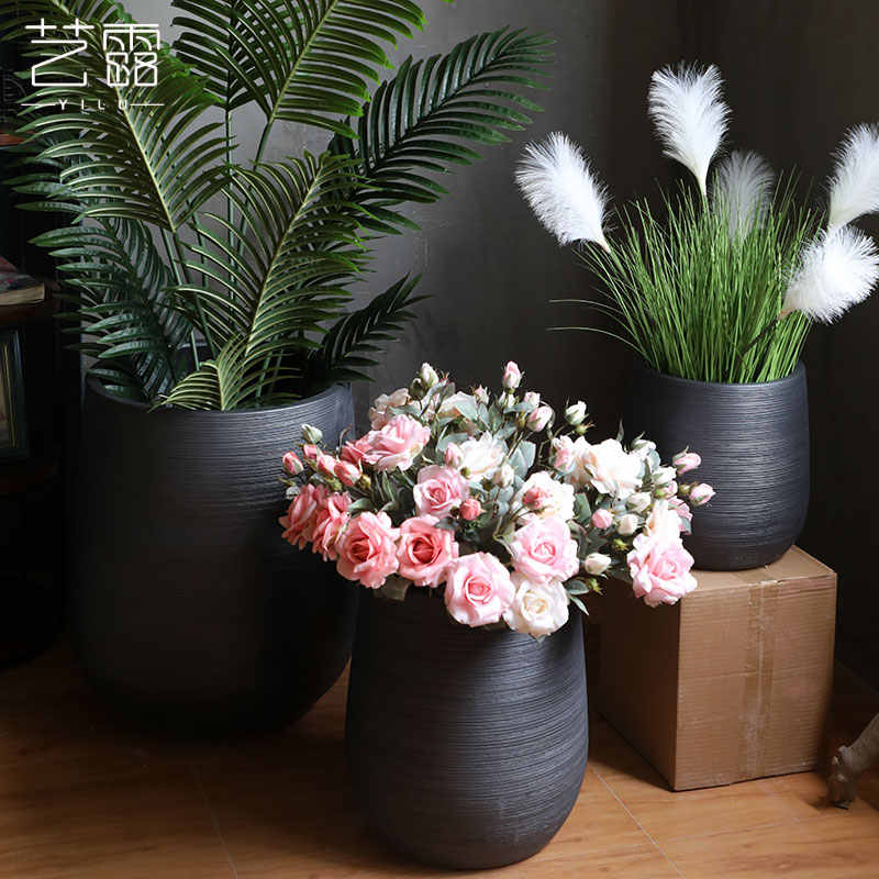 绿植北欧花盆现代简约花瓶黑色陶瓷水培陶罐大口径室内植物装饰盆