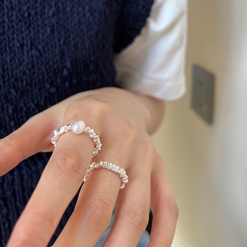 s925纯银碎银子珍珠戒指女ins潮时尚个性小众设计感闭口指环高级