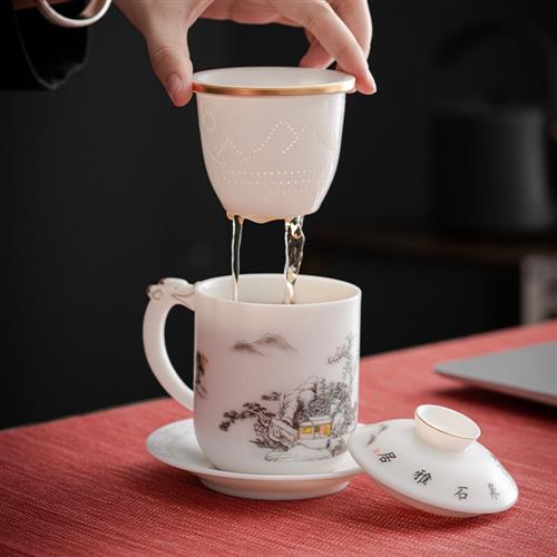 唐舍泉石雅居德化羊脂玉白瓷茶杯带盖过滤泡茶办公家用陶瓷水杯子