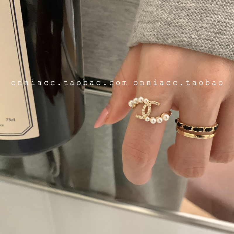 韩国珍珠水钻双c戒指女食指小众设计高级感时尚个性ins潮小香风