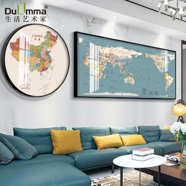 世界地图圆形装饰画大幅客厅沙发背景墙面老板办公室中国地图挂画