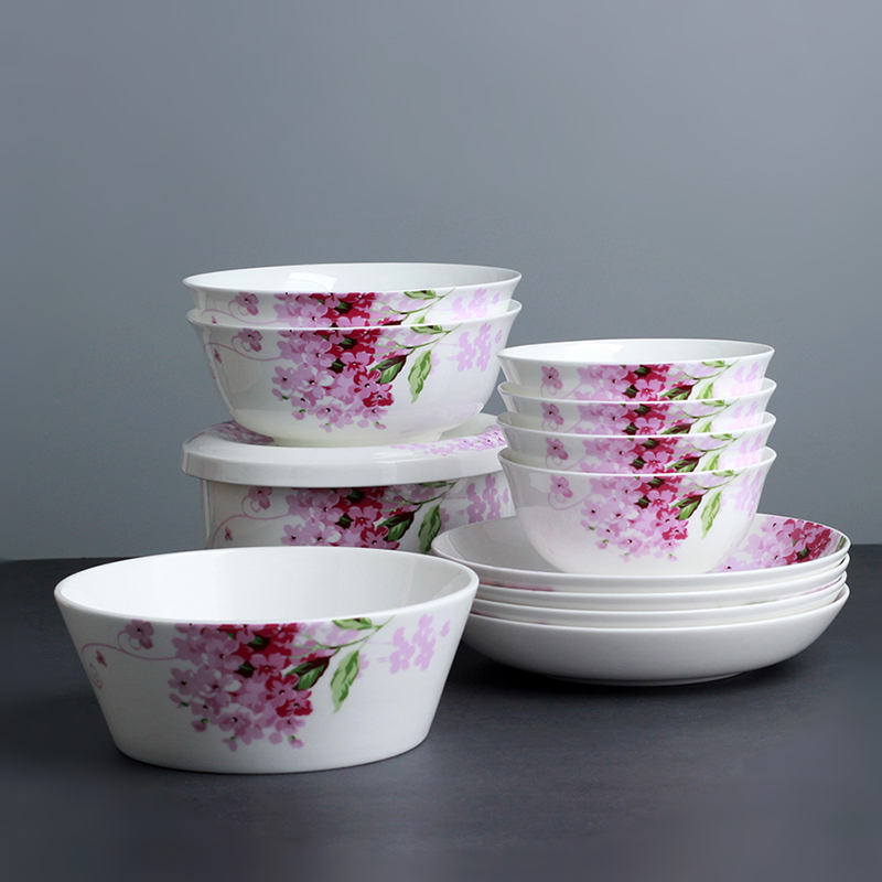 紫丁香家用中式米饭碗唐山骨瓷碗陶瓷面碗防烫高脚碗微波炉适用碗