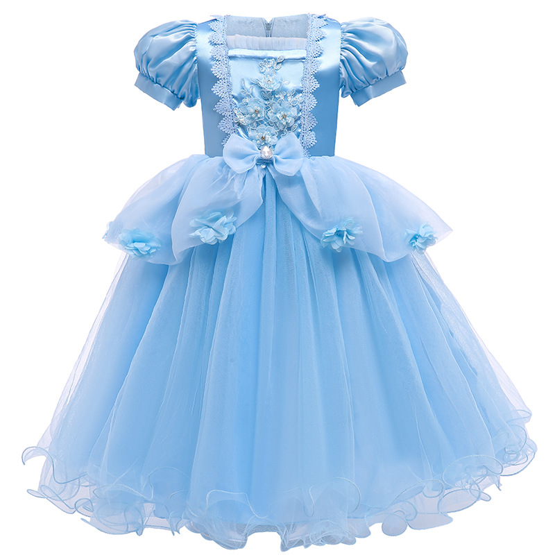 新款童装灰姑娘公主裙女孩生日派对粉蓝色花瓣连衣裙童裙晚礼服