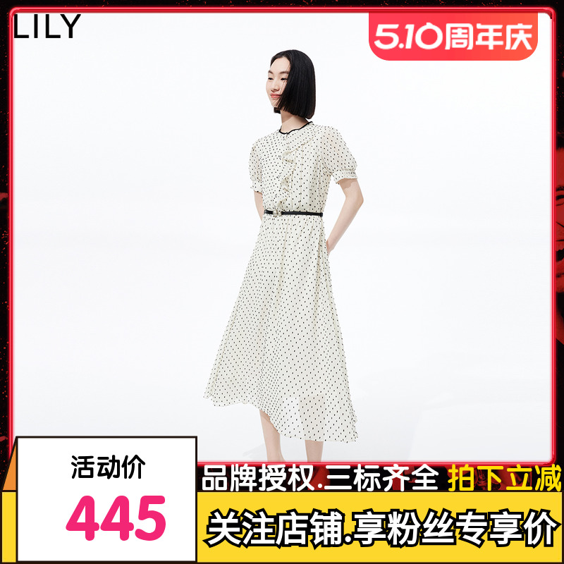 LILY2023夏新款女装复古浪漫波点别致洋气压褶气质垂感高腰连衣裙