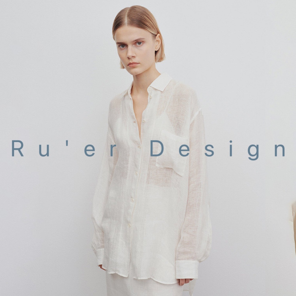 【Ru·er】小众进口亚麻口袋白色中长款衬衫+开衩半身裙长裙套装