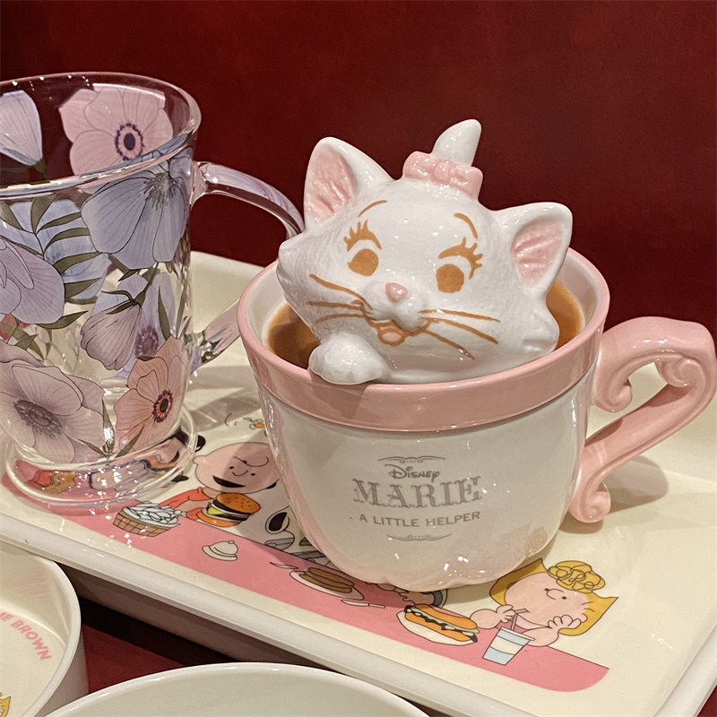 【又又海】可爱卡通玛丽猫带盖马克杯 少女心礼物咖啡杯陶瓷水杯