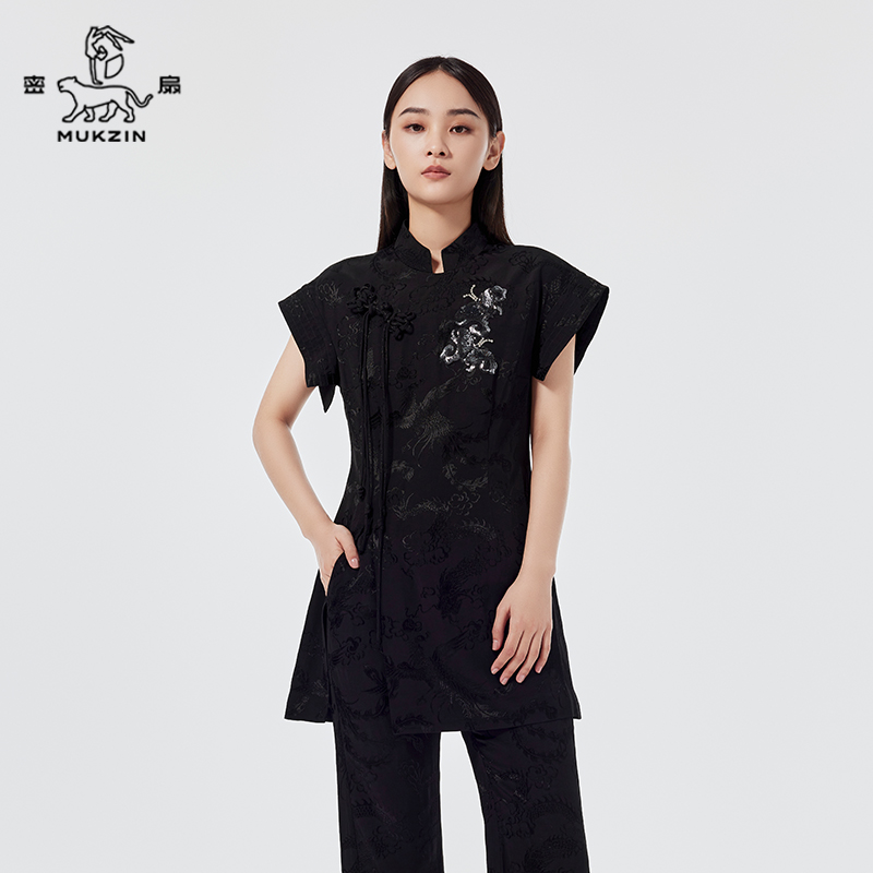 密扇凤凰于飞-胶囊系列夏季新款黑色新中式复古上衣时尚原创设计
