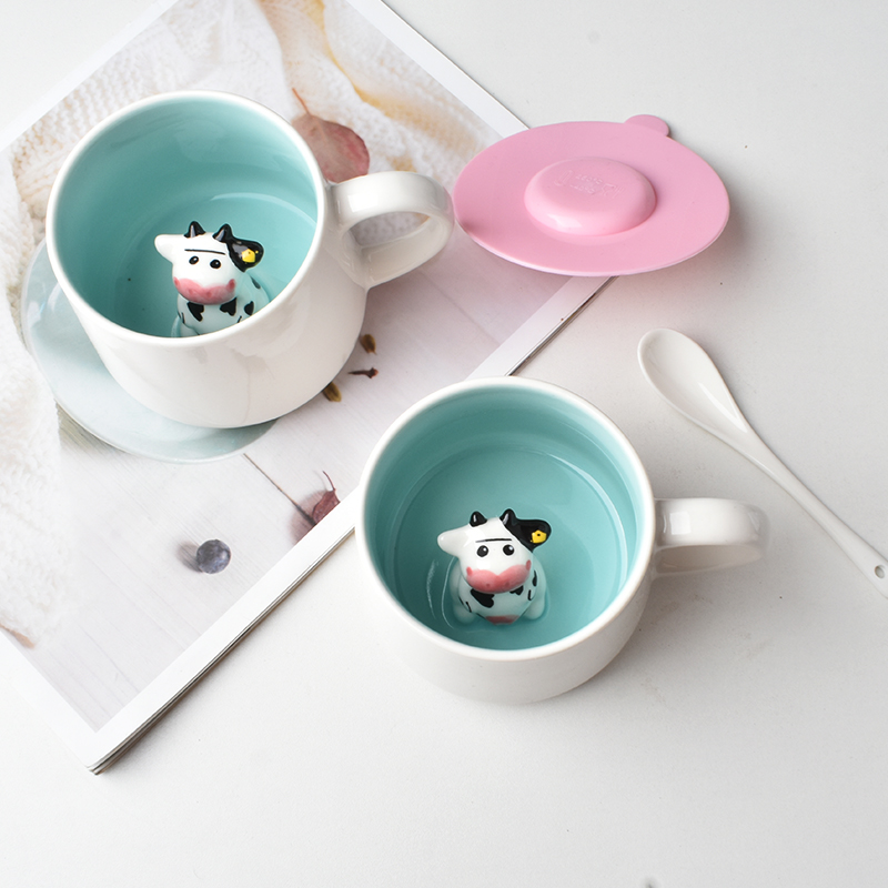 3D立体创意带盖带勺卡通动物陶瓷杯男女学生牛奶咖啡个性水杯茶杯