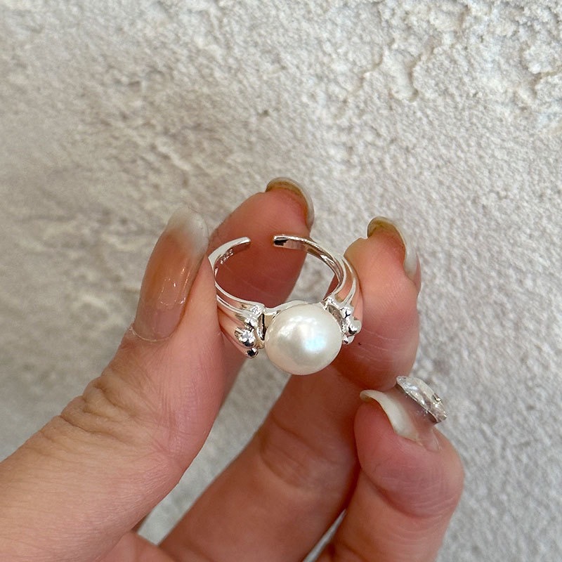 通体s925纯银天然淡水珍珠戒指优雅小众气质百搭开口指环