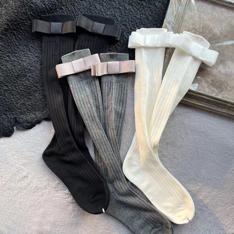 灰色竖条纹超薄显瘦夏季长袜立体双层蝴蝶结百搭网红中筒堆堆袜
