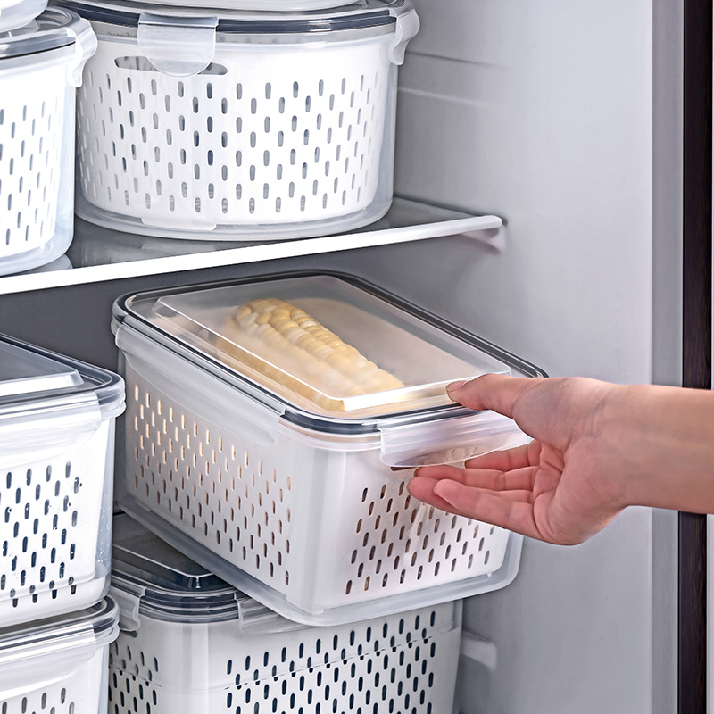 日式双层食品级塑料沥水篮保鲜盒厨房食品冷冻密封盒冰箱收纳盒