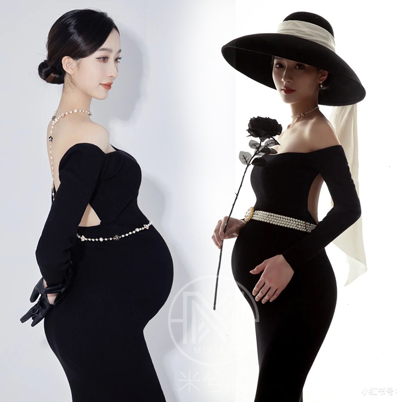 24影楼孕妇拍照摄影写真主题服装出租赁个性感黑色露背修身针织裙