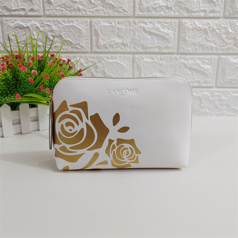 兰蔻专柜赠品新款白色PU金色花朵便携简约化妆包手拿包收纳整理包