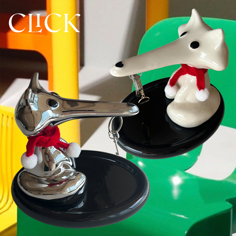 Click创意狐狸叼钥匙管家磁吸收纳托盘陶瓷摆件玄关置物拖盘可爱