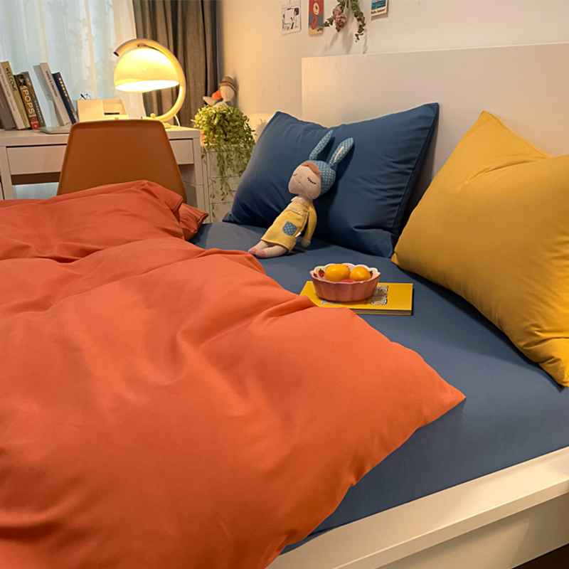全棉纯色四件套床上用品马卡龙撞色床单被套罩夏季宿舍简约三件套