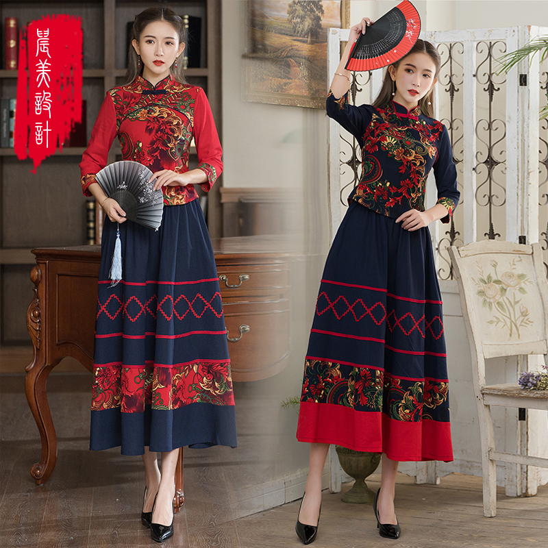 民族风女套装唐装上衣中国风女装改良旗袍夏季两件套复古棉麻大码