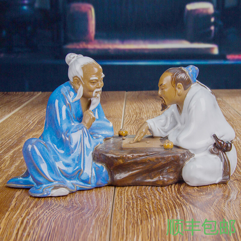 中式石湾陶瓷艺术品摆件家居客厅书房装饰品假山盆景人物围棋雅趣