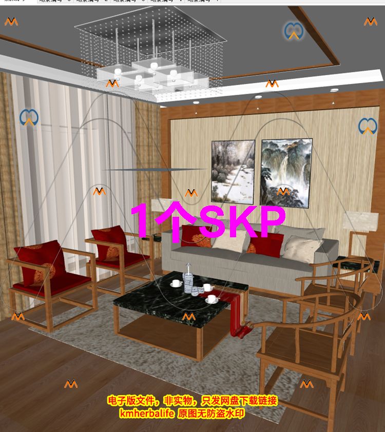 SU传统中式家装修住宅室内设计中式客厅餐厅家具陈列装饰品SU模型