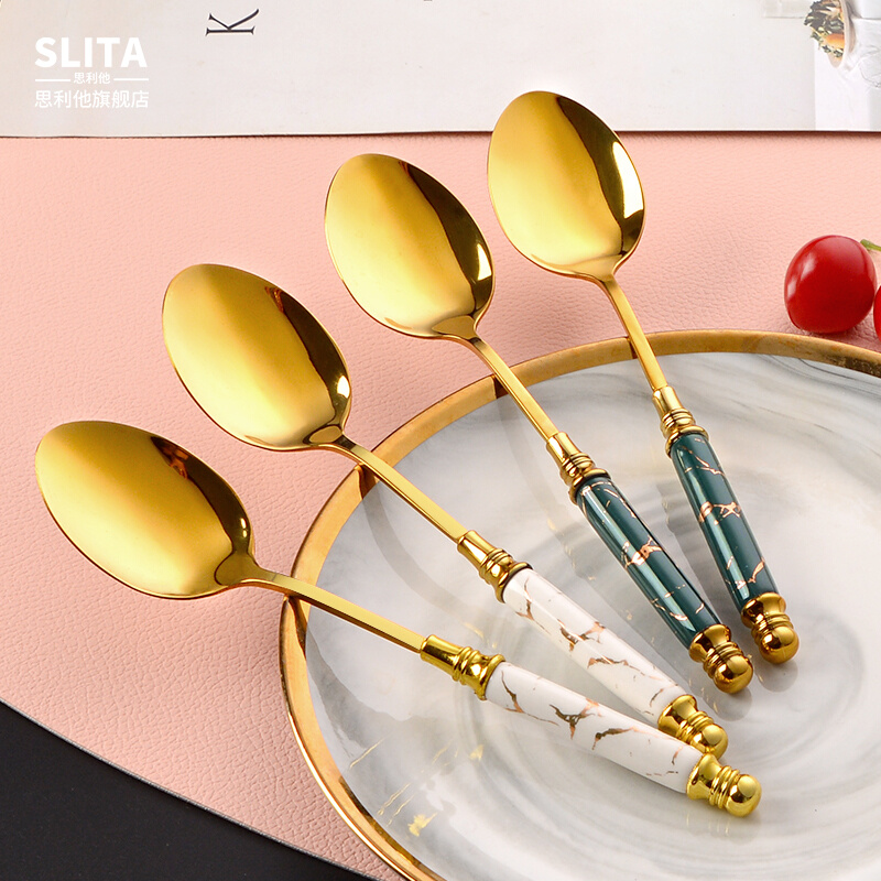 陶瓷不锈钢西餐勺子高颜值创意可爱金色勺子家用高档精致少女心