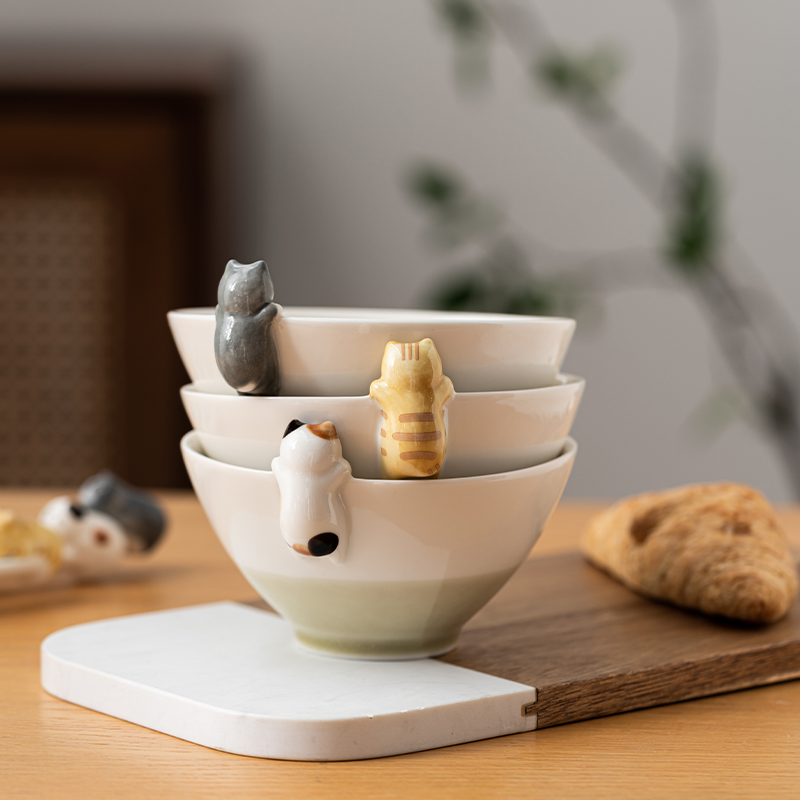 日本猫咪卡通碗个性可爱立体陶瓷碗家用日式餐具儿童创意饭碗勺子