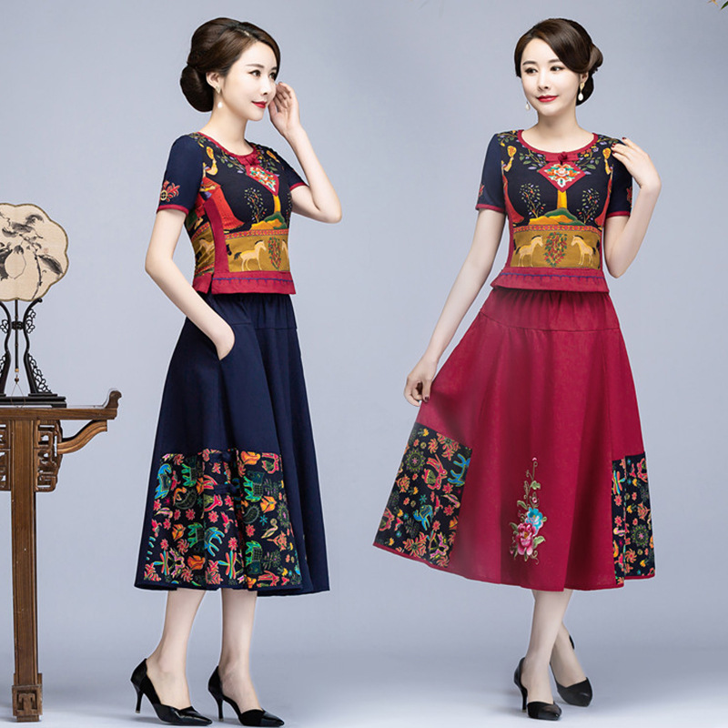 唐装女装中国风夏季民族风套装女款大码遮肚棉麻旗袍短袖上衣裙子