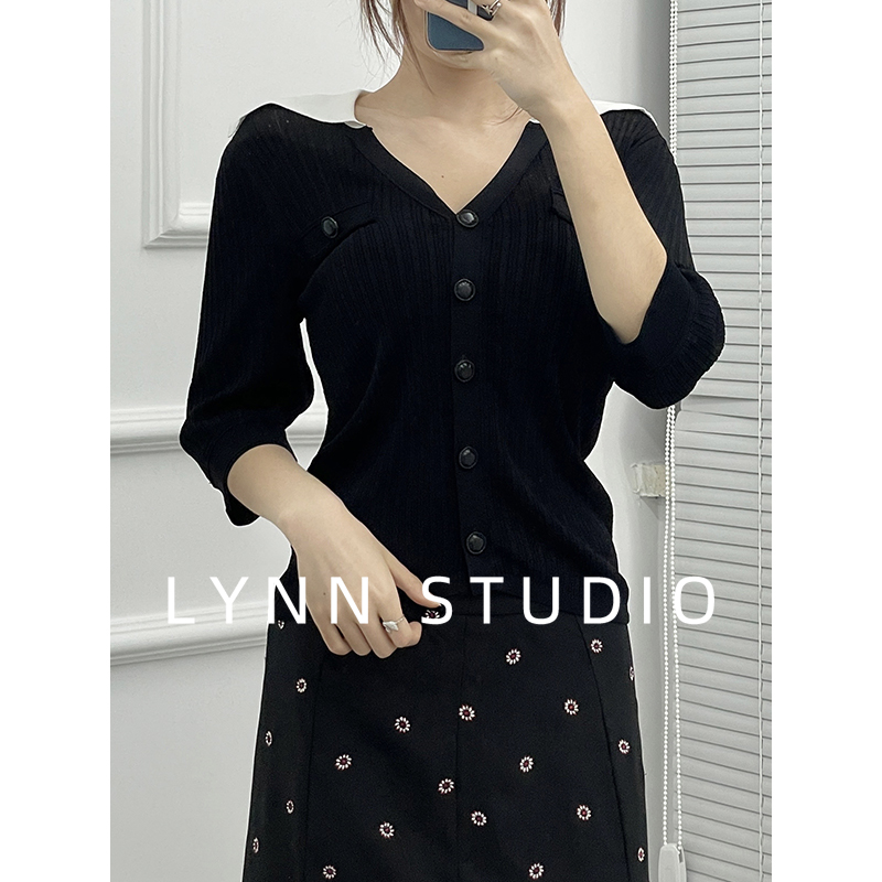 LYNN STUDIO女士针织衫 黑色简约纯色净版 镂空上身凉感修身 9022