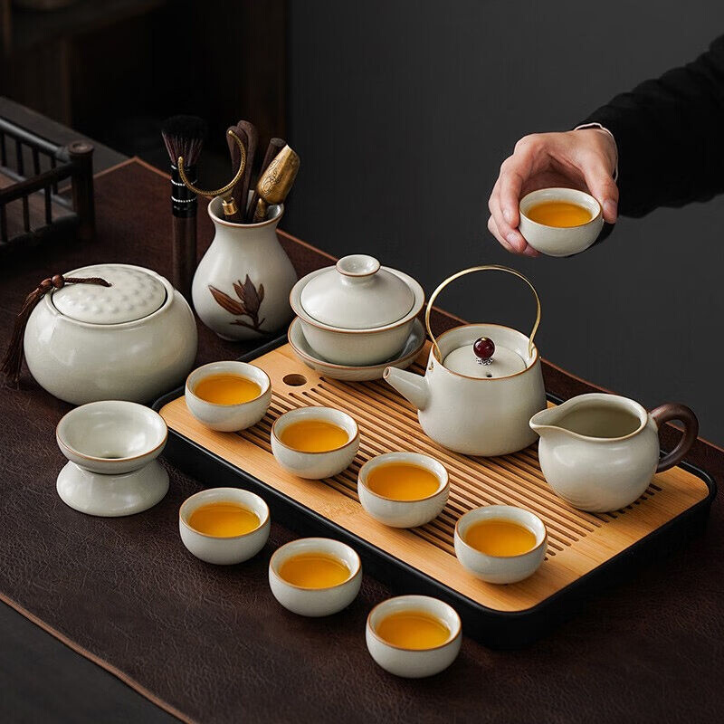 琦轩源米黄汝窑功夫茶具套装陶瓷茶壶盖碗茶杯茶盘办公室茶具整套