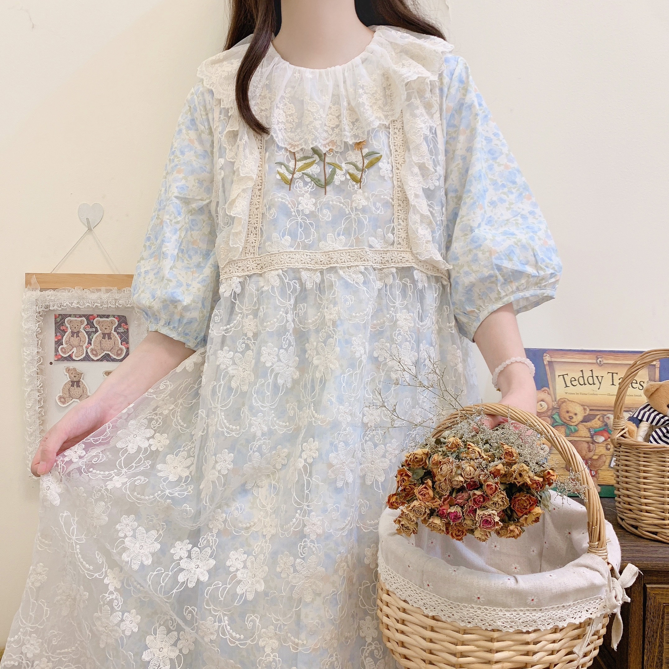 夏季蓝色碎花短袖连衣裙蕾丝荷叶花边翻领两件套仙女裙田园少女裙