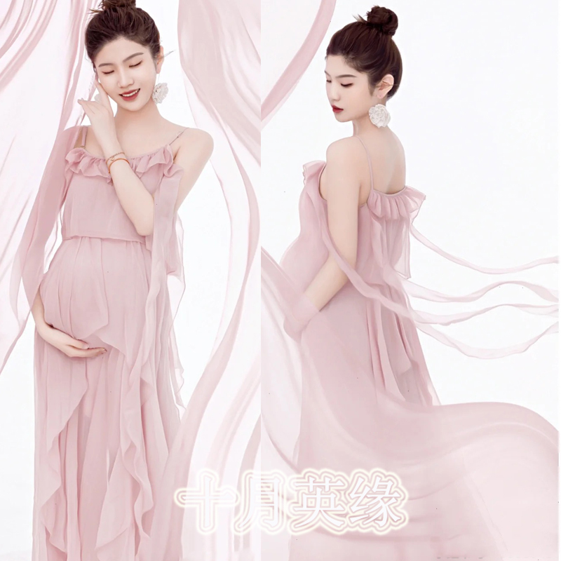 孕妇照服装影楼孕妈大肚拍照粉色吊带纱裙艺术照拍摄写真主题服装