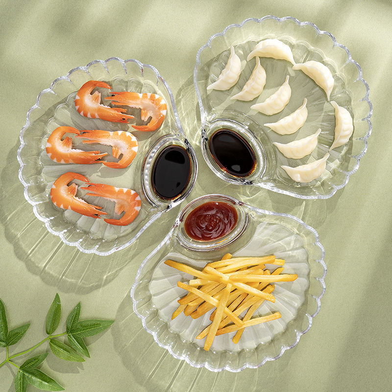 玻璃饺子盘子带醋碟减脂分餐盘家用扇形贝壳水饺专用盘蘸料盘一体